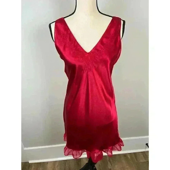 Vtg Amanda Stewart Slip Dress Nightgown Satin Red Ruffles Embroidered S V-Neck - Picture 1 of 9